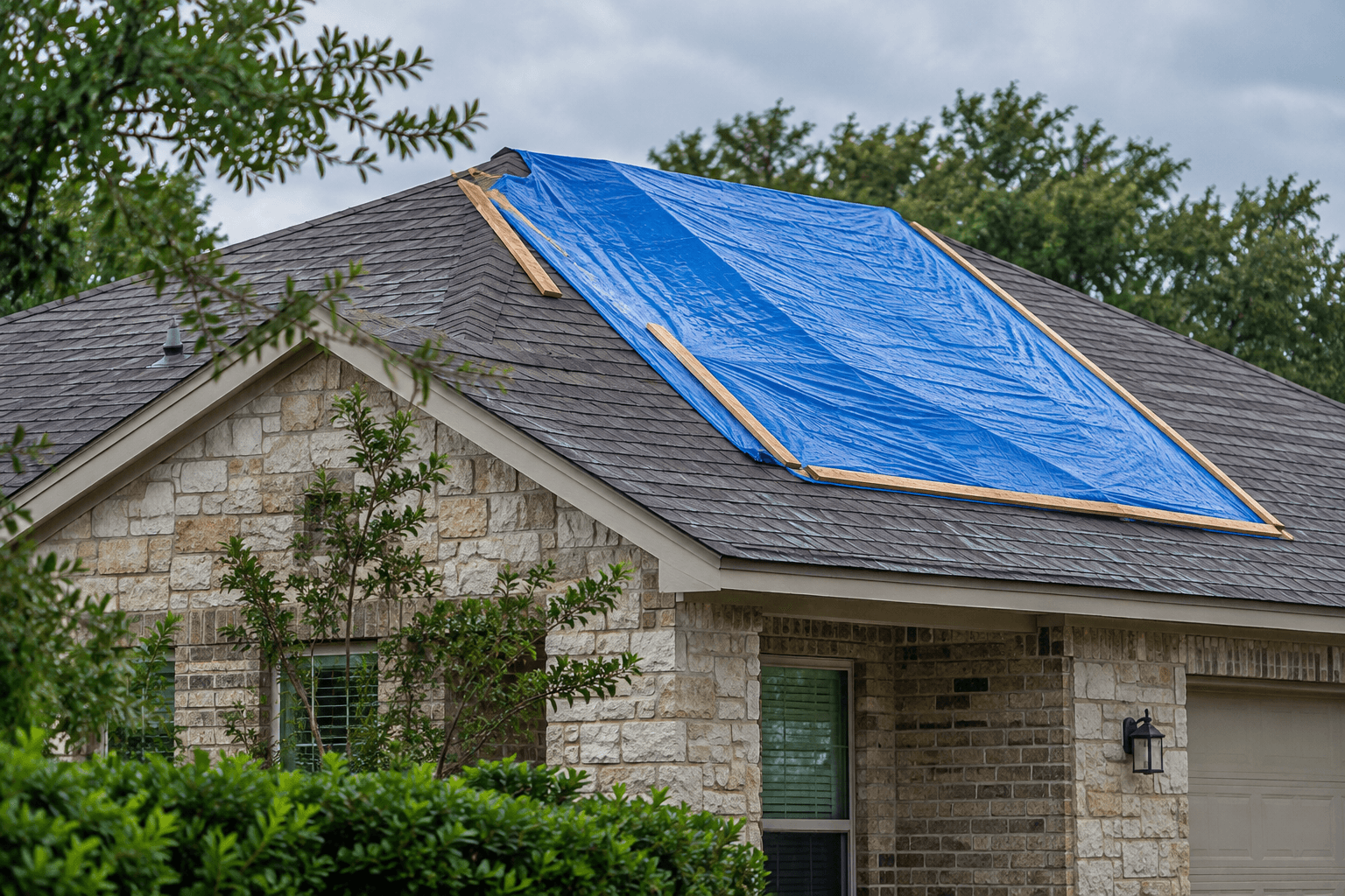Illustrative roof with a secured blue tarp providing temporary weather protection
