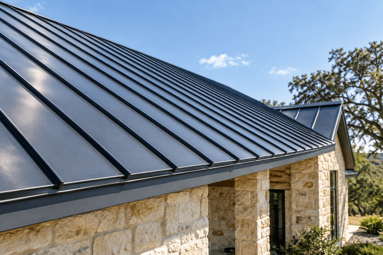 Illustrative architectural detail of charcoal standing-seam metal roofing above a limestone home