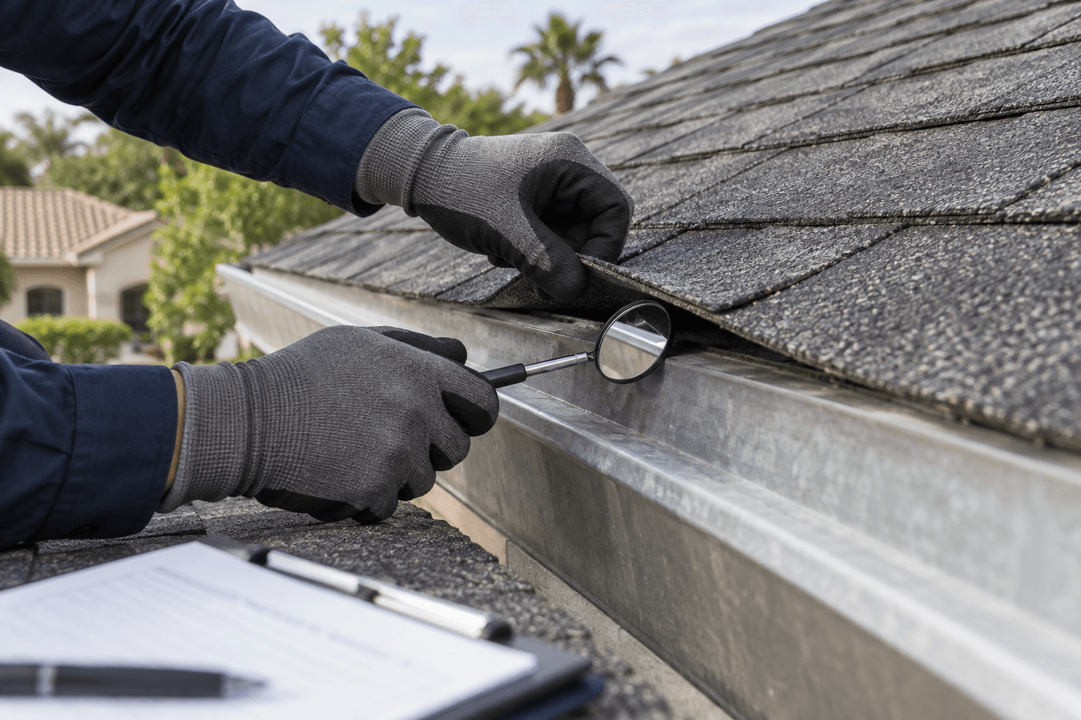 Illustrative roof inspection with gloved hands checking flashing using an inspection mirror