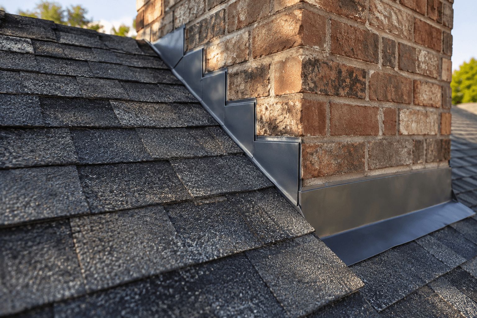 Illustrative close-up of chimney flashing and charcoal shingles after a localized roof repair