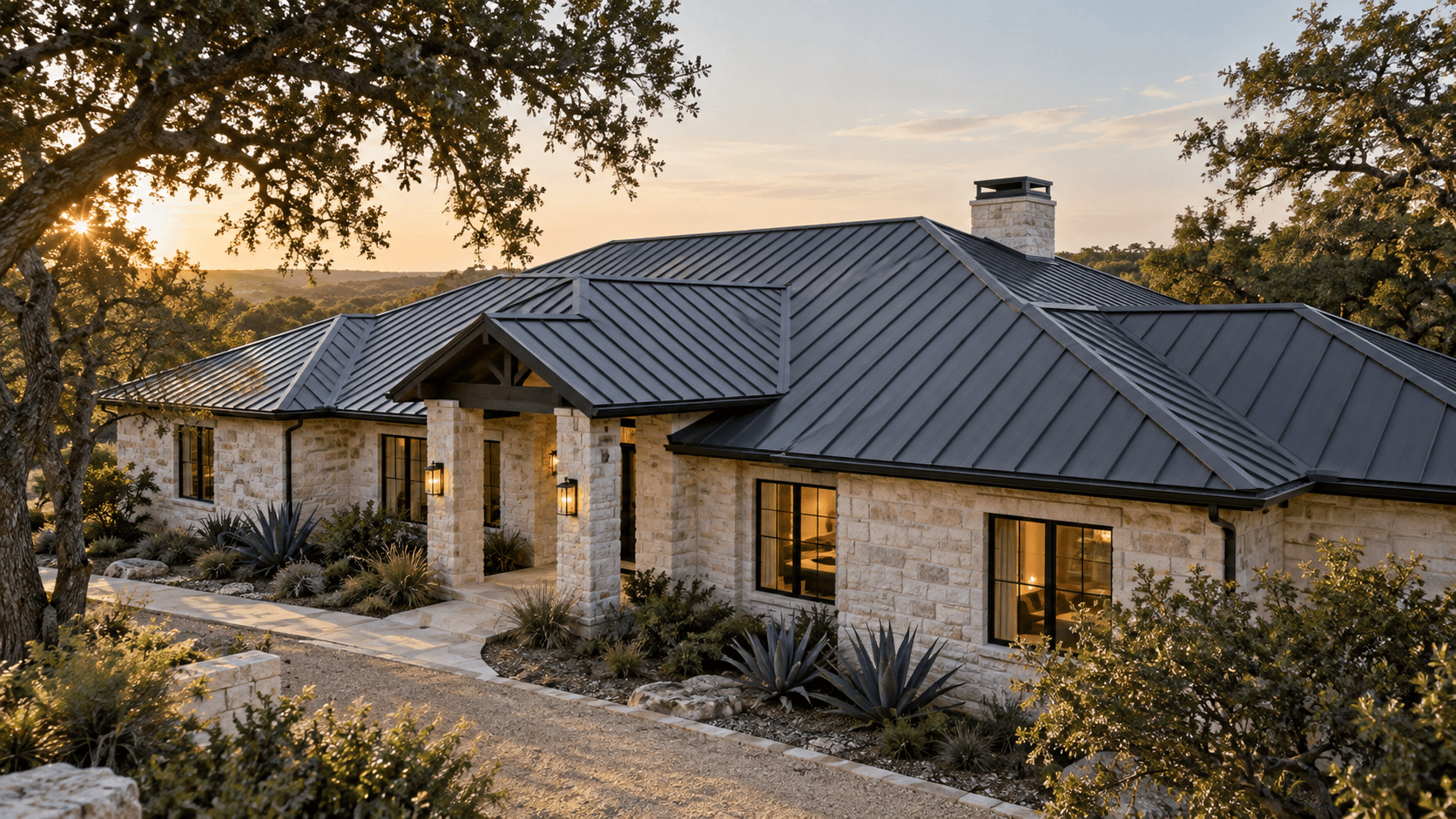 Illustrative architectural concept of a limestone home with a charcoal metal roof