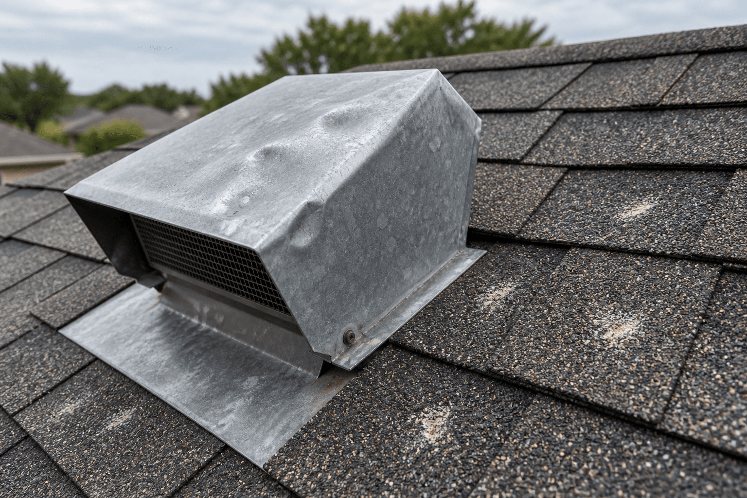 Illustrative close-up of a dented metal roof vent beside weathered asphalt shingles