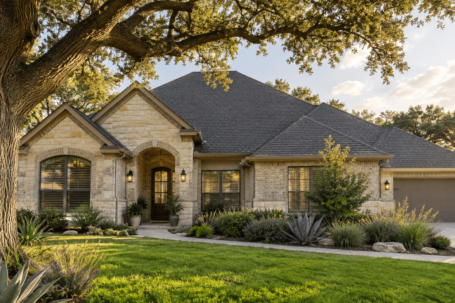 Illustrative South Texas limestone home with a charcoal shingle roof and native landscaping