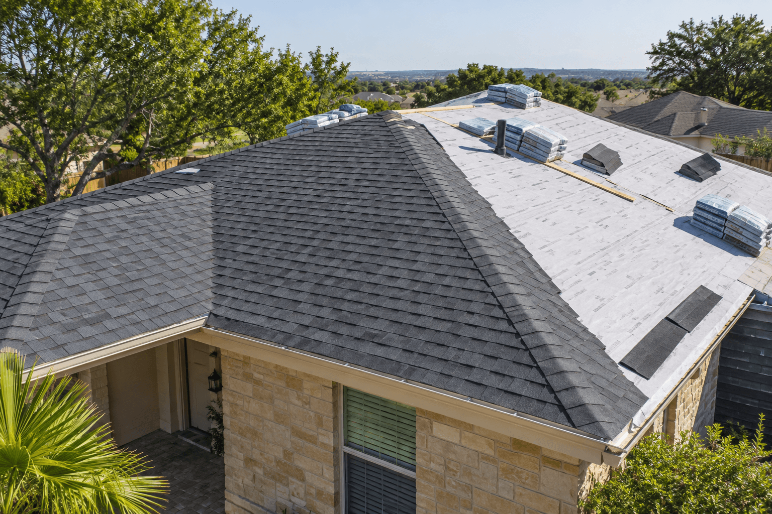 Illustrative roof replacement in progress with new shingles beside exposed underlayment