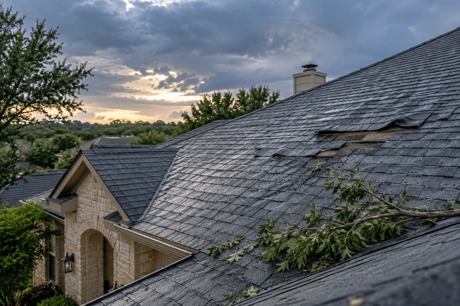 Illustrative shingle roof with localized wind damage and a fallen branch after a storm